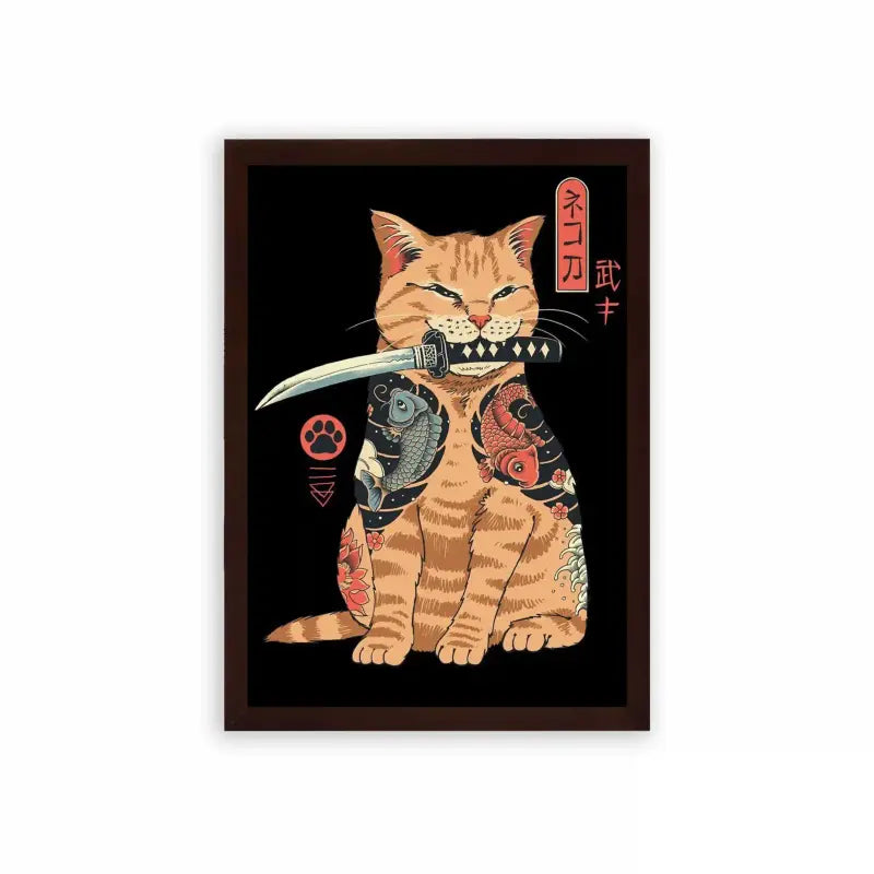 Japanese Culture 'Warrior Whiskers' Framed Poster Brown Premium Wood