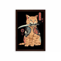 Japanese Culture 'Warrior Whiskers' Framed Poster Brown Premium Wood