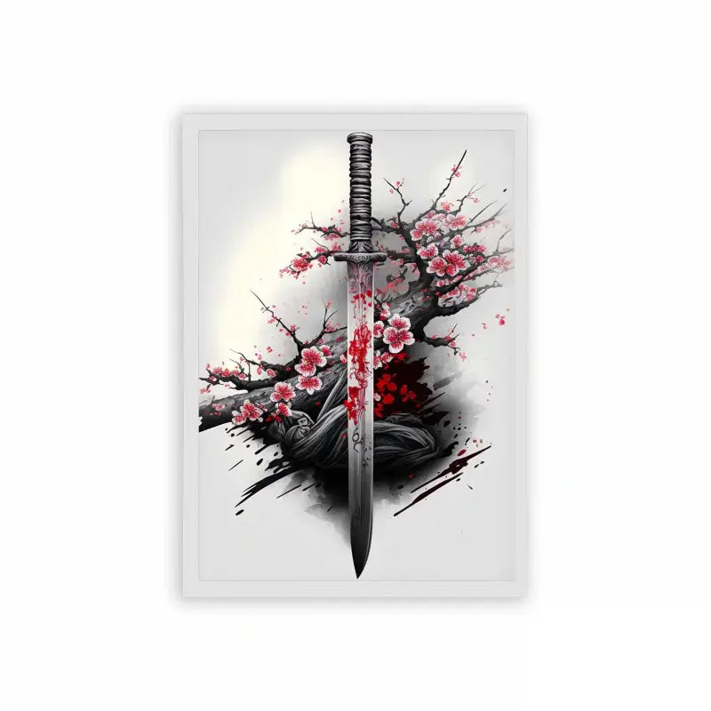 Japanese Culture 'Petal And Sword' Framed Poster White Hard Fiber