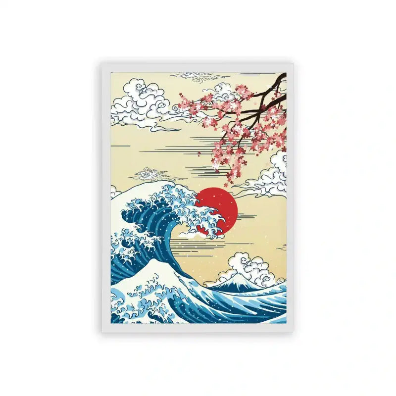 Japanese Culture 'Sakura Storm at Sea' Framed Poster White Hard Fiber