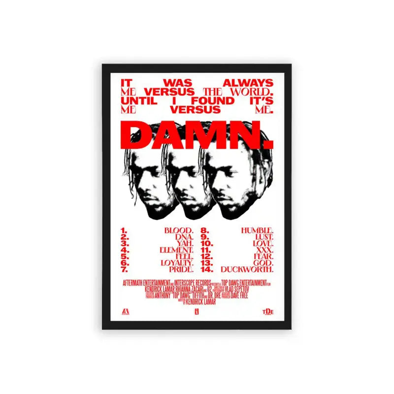 Kendrick Lamar 'Damn Tracklist' Framed Poster Black Hard Fiber