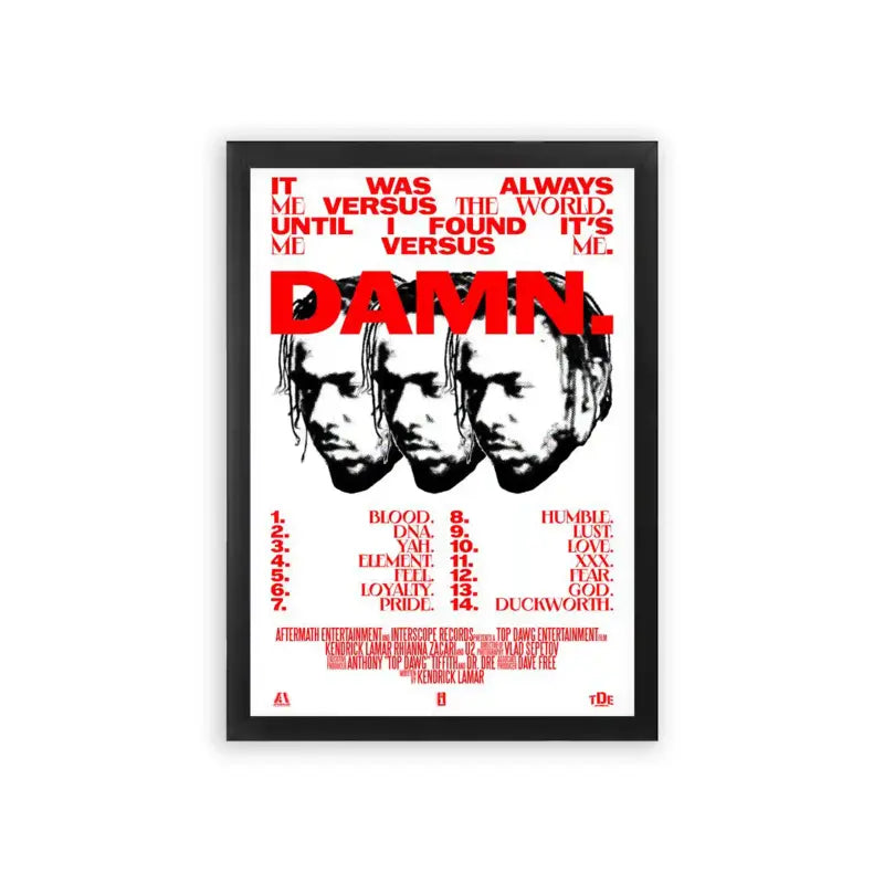 Kendrick Lamar 'Damn Tracklist' Framed Poster Black Premium Wood