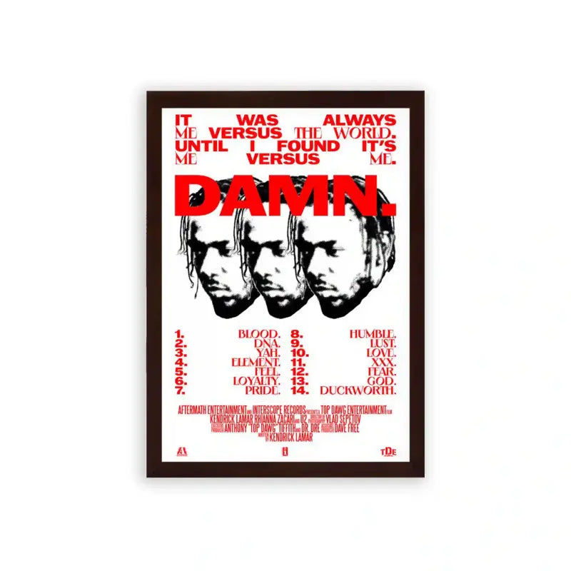 Kendrick Lamar 'Damn Tracklist' Framed Poster Brown Premium Wood