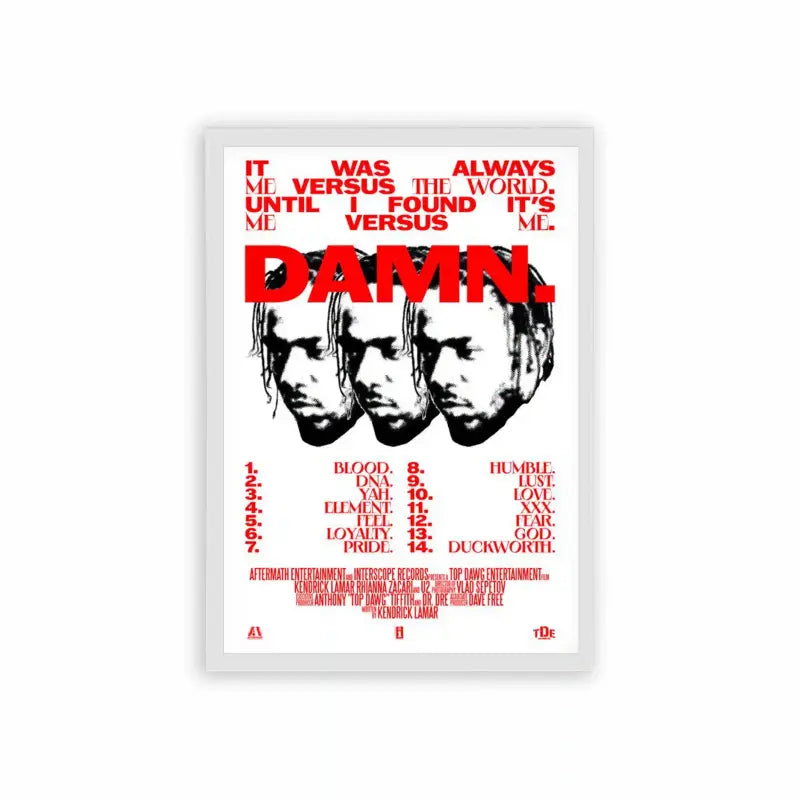 Kendrick Lamar 'Damn Tracklist' Framed Poster White Hard Fiber