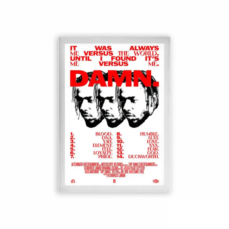 Kendrick Lamar 'Damn Tracklist' Framed Poster White Premium Wood