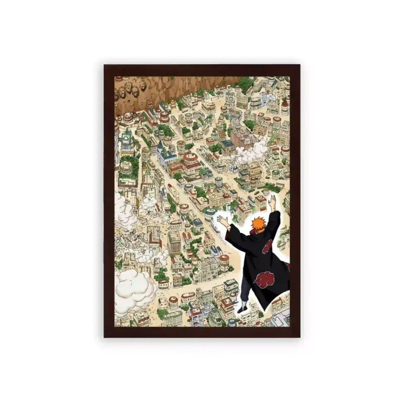 Naruto 'Konoha, a Bird's Eye View' Framed Poster Brown Premium Wood