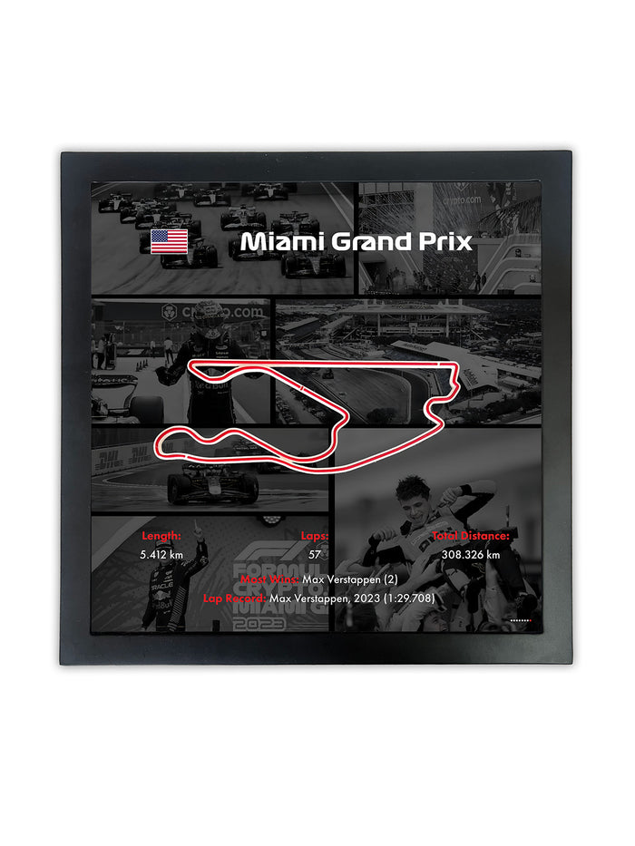 Framed poster of the Miami Grand Prix with track layout and event details.