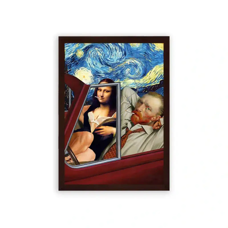 Mona Lisa 'Featuring Van Gogh' Framed Poster Brown Premium Wood