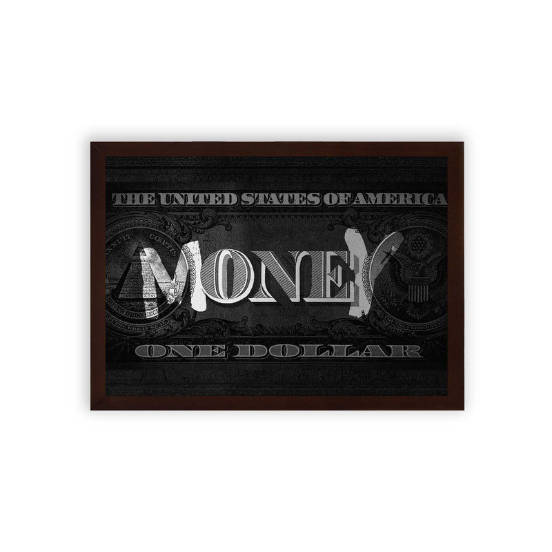 Money 'Money Matters' Framed Poster Brown Premium Wood Stylized monochromatic posters of a one-dollar bill concept with a bold 'money' typography overlay, in frames.