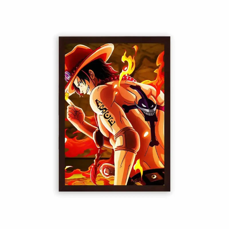 One Piece 'Fiery Ace' Framed Poster Brown Premium Wood