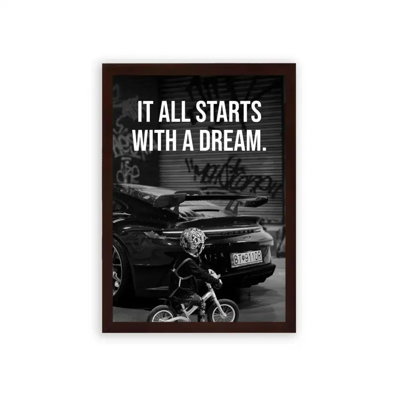 Porsche 'Dream' Framed Poster Brown Premium Wood