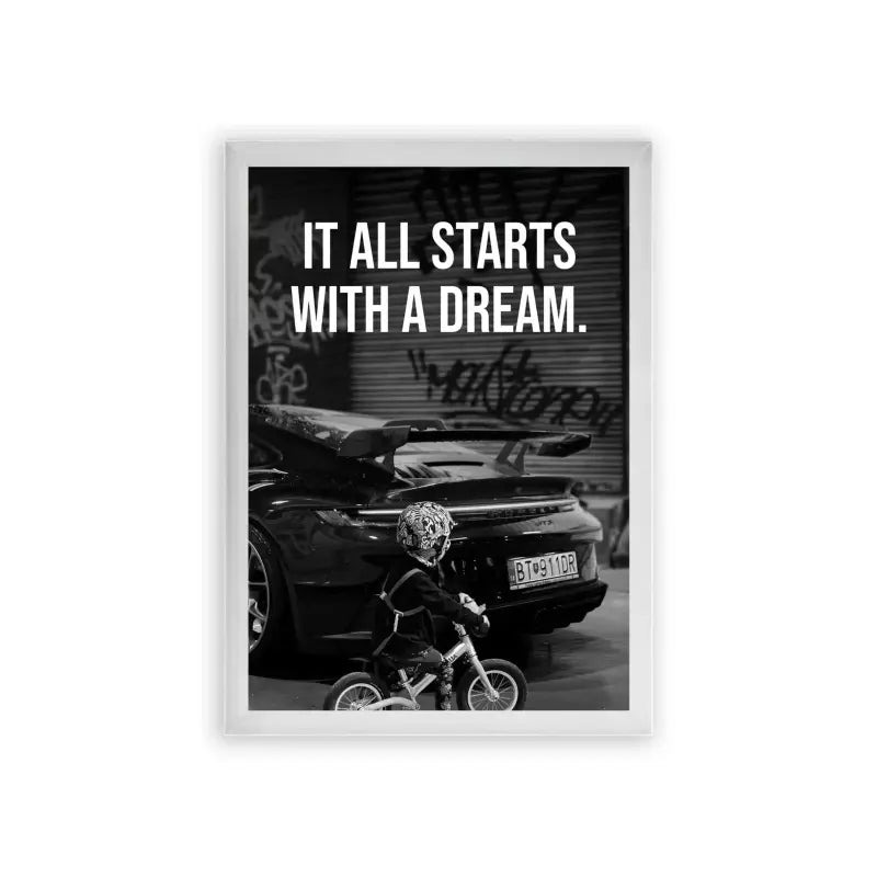 Porsche 'Dream' Framed Poster White Premium Wood