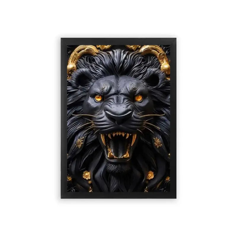 Lion's Golden Fury Framed Poster Black Premium Wood