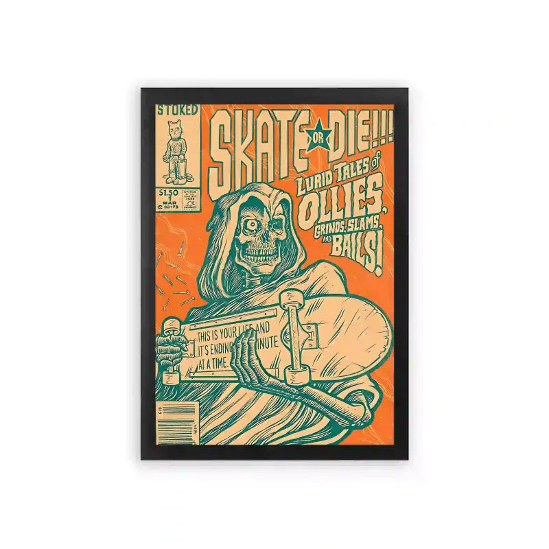 Skate 'Skate or Die' Framed Poster Black Premium Wood