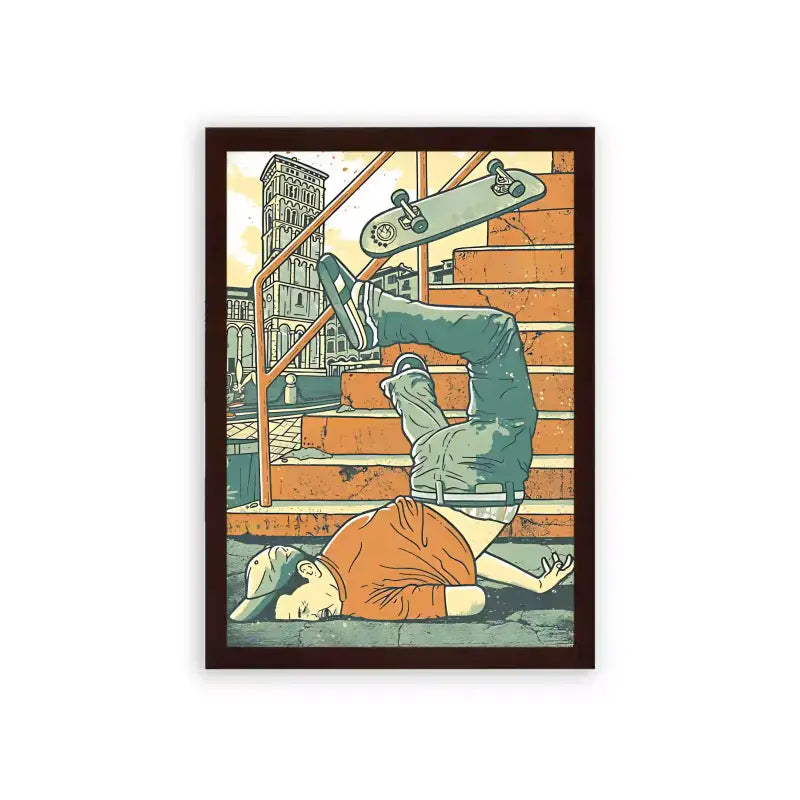 Skate 'Staircase Stunt' Framed Poster Brown Premium Wood