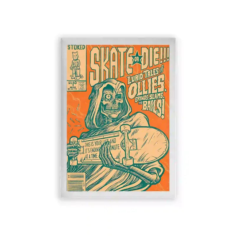 Skate 'Skate or Die' Framed Poster White Premium Wood