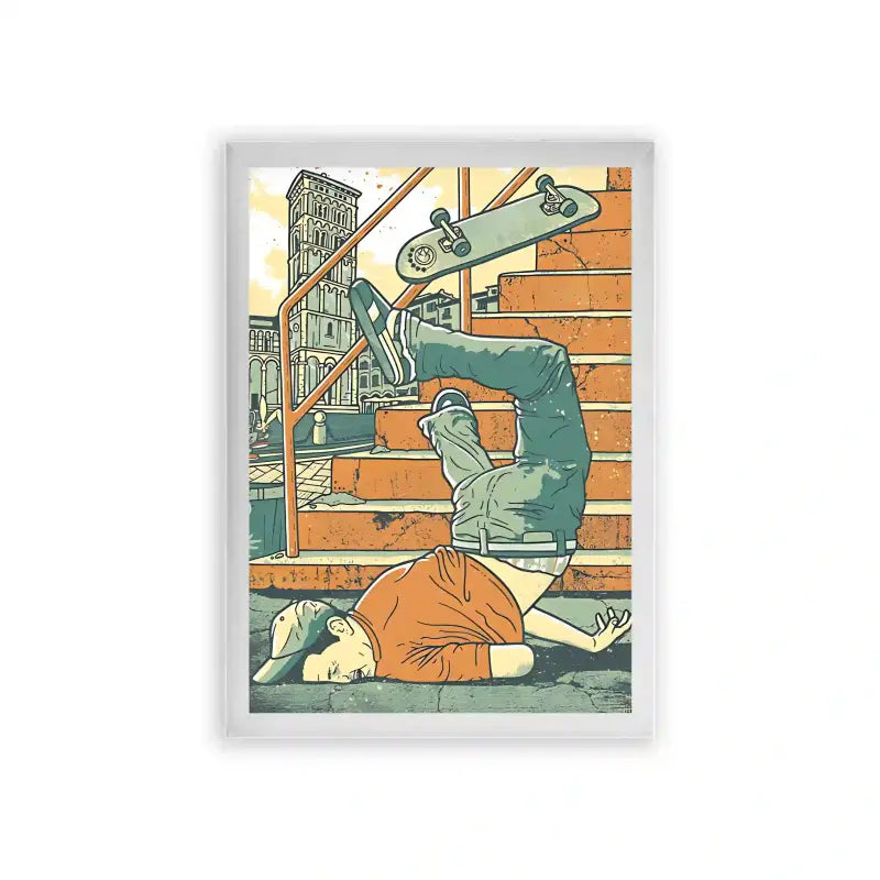 Skate 'Staircase Stunt' Framed Poster White Premium Wood