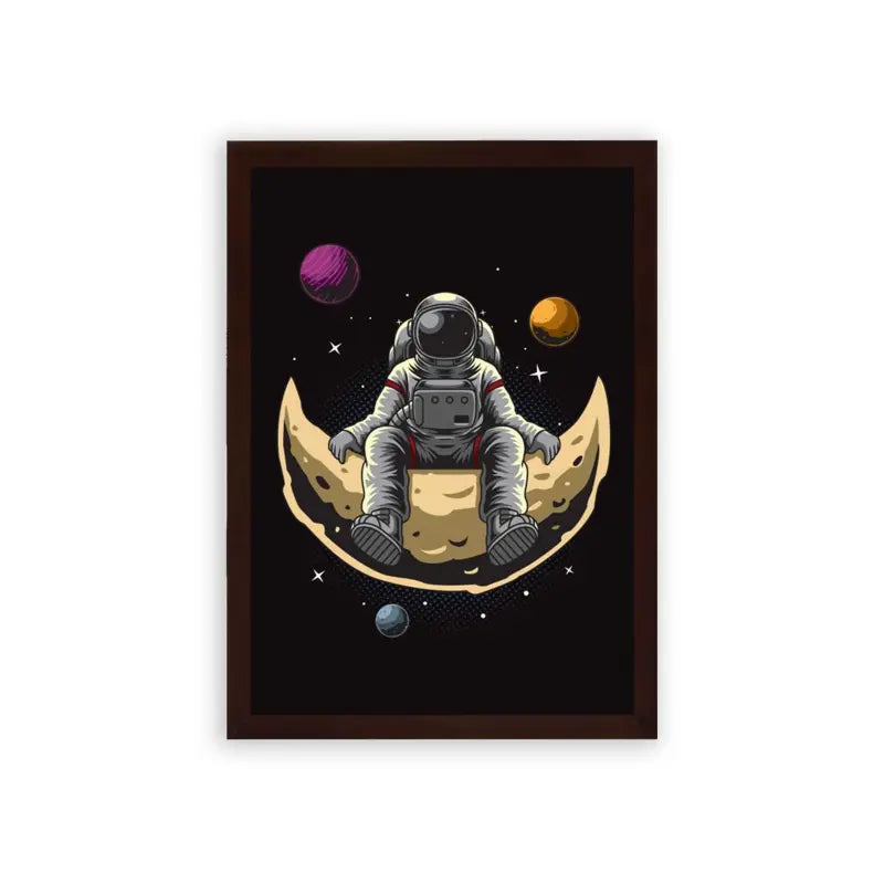 Astronaut 'Lunar Solitude' Framed Poster Brown Premium Wood