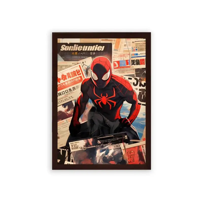 Spiderman 'Spider's Chronicles' Framed Poster Brown Premium Wood