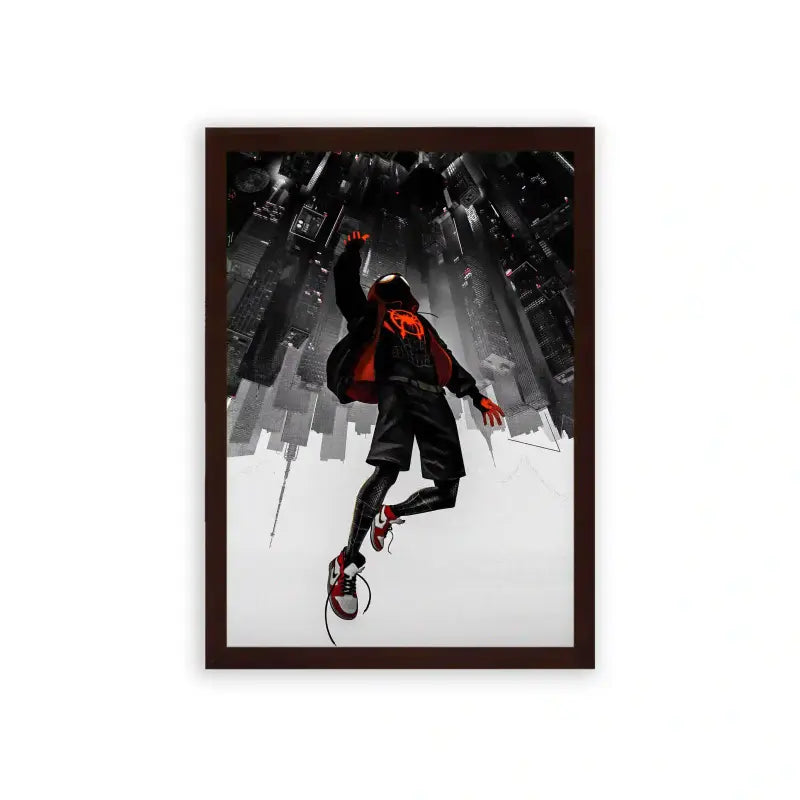 Spiderman 'The Spider's Descent' Framed Poster Brown Premium Wood