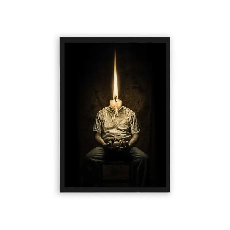 Surreal 'Enlightened Thoughts' Framed Poster Black Hard Fiber A conceptual art piece showing a seated person with a beam of light emanating from where their head should be, creating a striking visual metaphor for enlightenment, ideas, or possibly alienation.