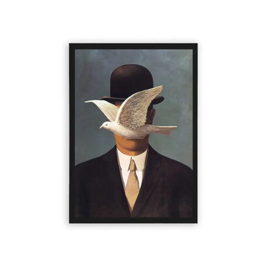 Surreal 'Flight of Thoughts' Framed Poster Black Hard Fiber Surreal portrait of a man with his face obscured by a dove in flight, creating an intriguing interplay between human form and avian grace.