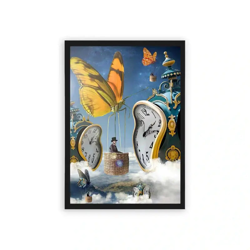 Surreal 'Fluttering Through Time' Framed Poster Black Hard Fiber