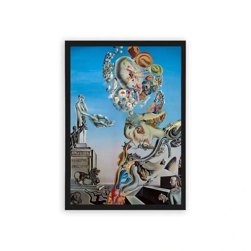 Surreal 'Otherworldly Delirium' Framed Poster Black Hard Fiber Surrealistic painting blending classical and fantastical elements in a dream-like composition.