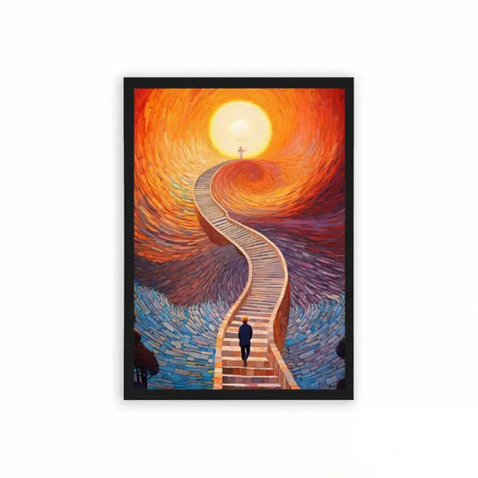 Surreal 'Stairway to Heaven' Framed Poster Black Hard Fiber A solitary figure ascends a swirling staircase towards a glowing orb, evoking a journey of enlightenment and the pursuit of higher knowledge.