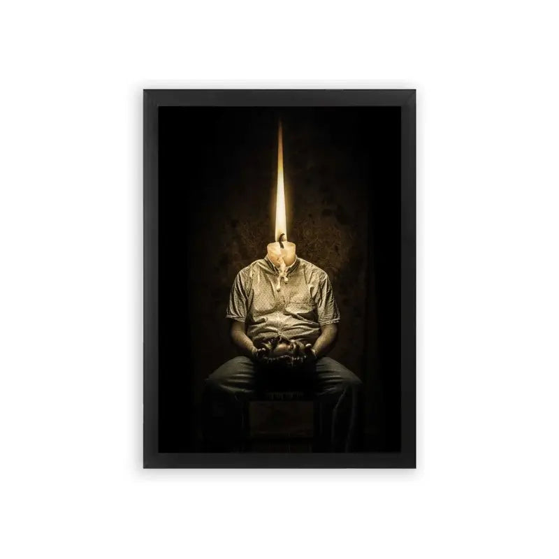 Surreal 'Enlightened Thoughts' Framed Poster Black Premium Wood A conceptual art piece showing a seated person with a beam of light emanating from where their head should be, creating a striking visual metaphor for enlightenment, ideas, or possibly alienation.