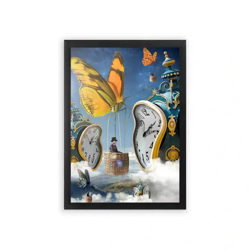 Surreal 'Fluttering Through Time' Framed Poster Black Premium Wood