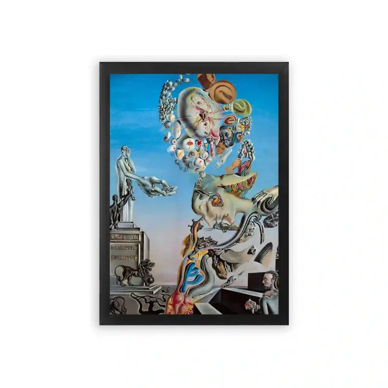 Surreal 'Otherworldly Delirium' Framed Poster Black Premium Wood Surrealistic painting blending classical and fantastical elements in a dream-like composition.