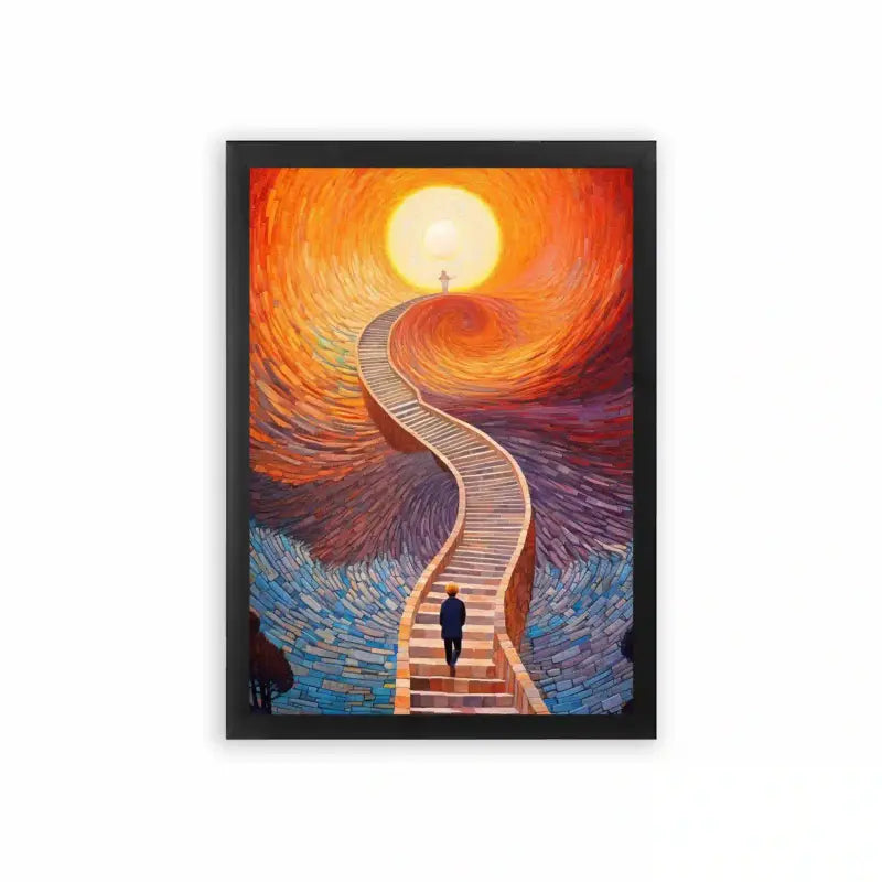 Surreal 'Stairway to Heaven' Framed Poster Black Premium Wood A solitary figure ascends a swirling staircase towards a glowing orb, evoking a journey of enlightenment and the pursuit of higher knowledge.