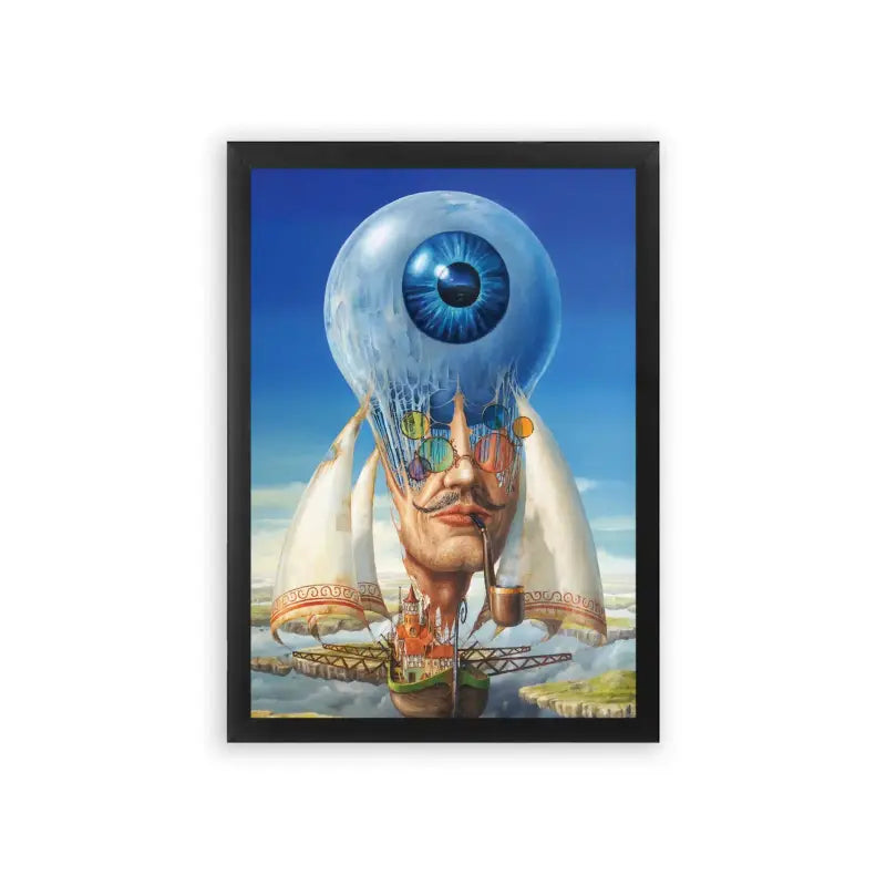 Surreal 'Visionary Horizon' Framed Poster Black Premium Wood Surrealistic fusion: an artistic juxtaposition of a human face with elements of an eye and marine life, evoking deep reflection on perception and nature.