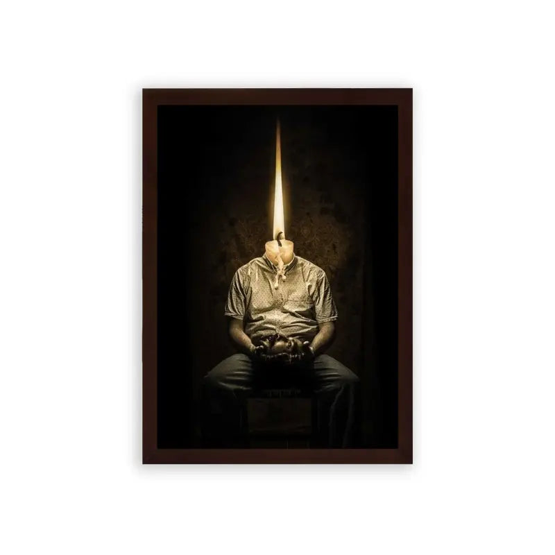 Surreal 'Enlightened Thoughts' Framed Poster Brown Premium Wood A conceptual art piece showing a seated person with a beam of light emanating from where their head should be, creating a striking visual metaphor for enlightenment, ideas, or possibly alienation.