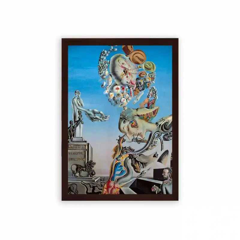 Surreal 'Otherworldly Delirium' Framed Poster Brown Premium Wood Surrealistic painting blending classical and fantastical elements in a dream-like composition.