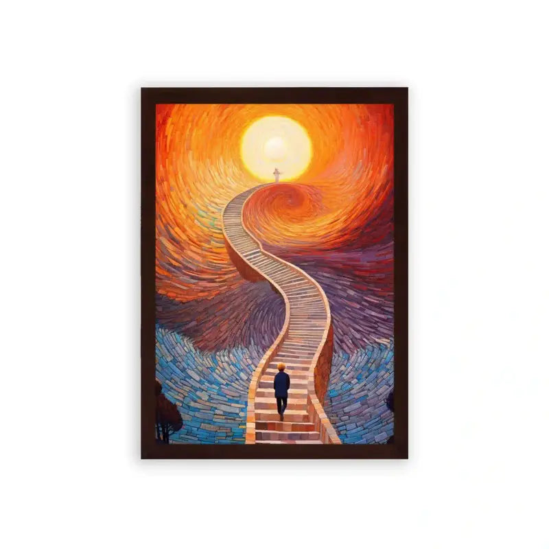 Surreal 'Stairway to Heaven' Framed Poster Brown Premium Wood A solitary figure ascends a swirling staircase towards a glowing orb, evoking a journey of enlightenment and the pursuit of higher knowledge.