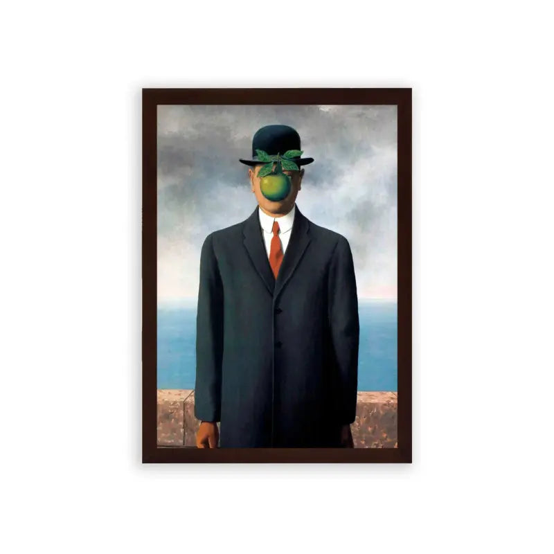 Surreal 'Apple Of My Eye' Framed Poster Brown Premium Wood A surrealist artwork featuring a man in a suit with an apple obscuring his face, set against a backdrop of a cloudy sky and ocean horizon.