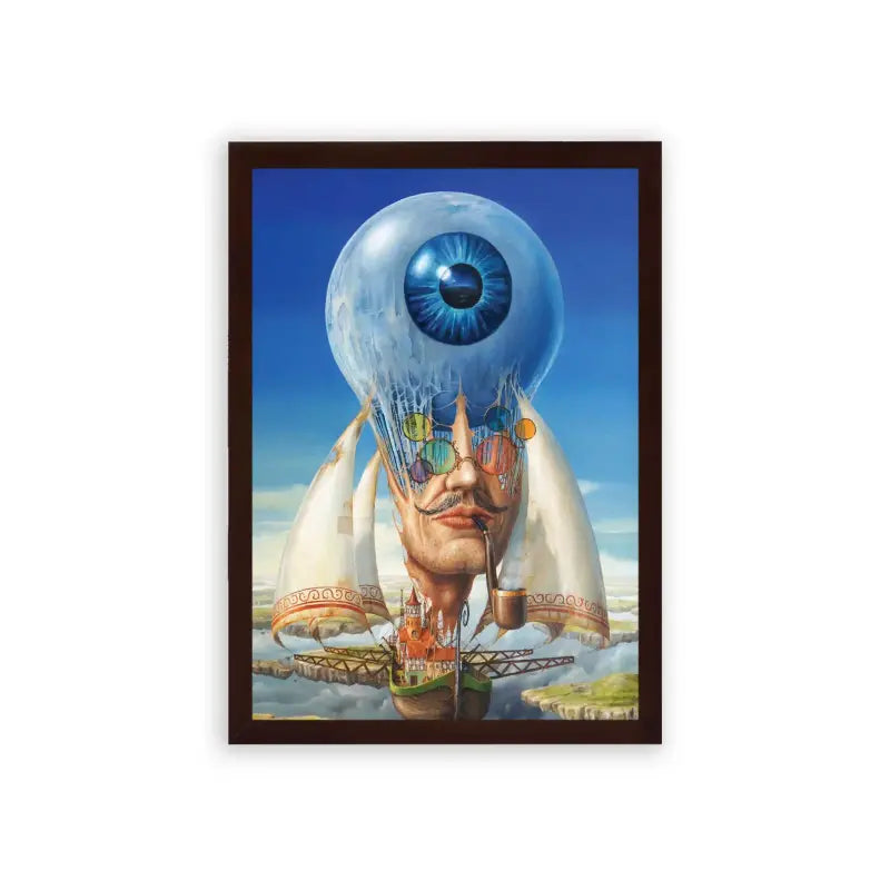 Surreal 'Visionary Horizon' Framed Poster Brown Premium Wood Surrealistic fusion: an artistic juxtaposition of a human face with elements of an eye and marine life, evoking deep reflection on perception and nature.