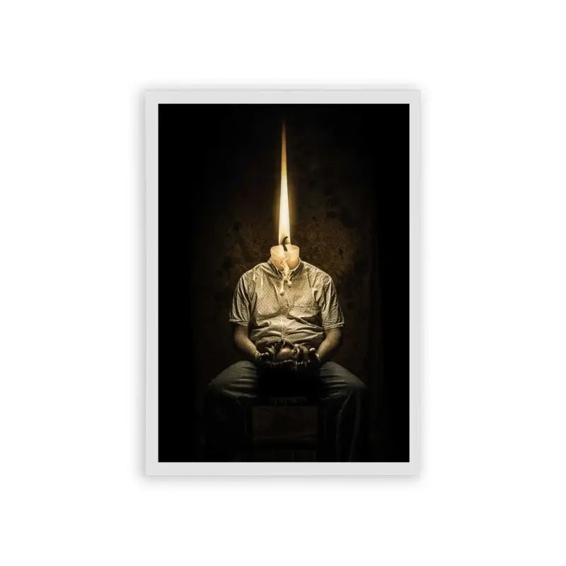 Surreal 'Enlightened Thoughts' Framed Poster White Hard Fiber A conceptual art piece showing a seated person with a beam of light emanating from where their head should be, creating a striking visual metaphor for enlightenment, ideas, or possibly alienation.