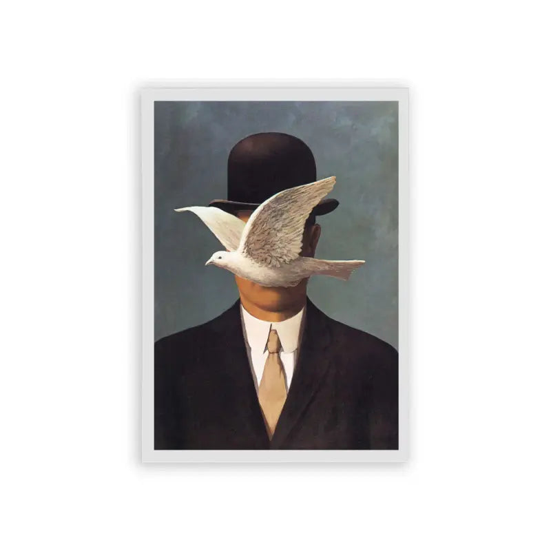 Surreal 'Flight of Thoughts' Framed Poster White Hard Fiber Surreal portrait of a man with his face obscured by a dove in flight, creating an intriguing interplay between human form and avian grace.