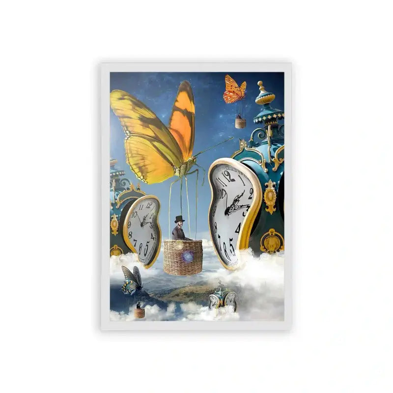 Surreal 'Fluttering Through Time' Framed Poster White Hard Fiber