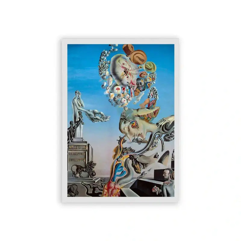 Surreal 'Otherworldly Delirium' Framed Poster White Hard Fiber Surrealistic painting blending classical and fantastical elements in a dream-like composition.