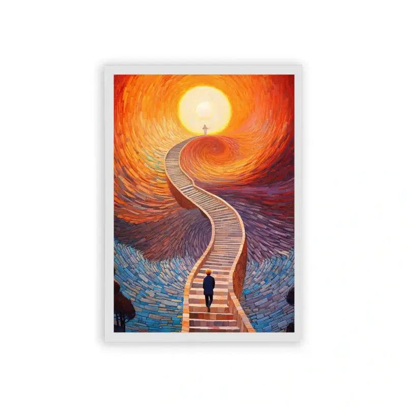 Surreal 'Stairway to Heaven' Framed Poster White Hard Fiber A solitary figure ascends a swirling staircase towards a glowing orb, evoking a journey of enlightenment and the pursuit of higher knowledge.