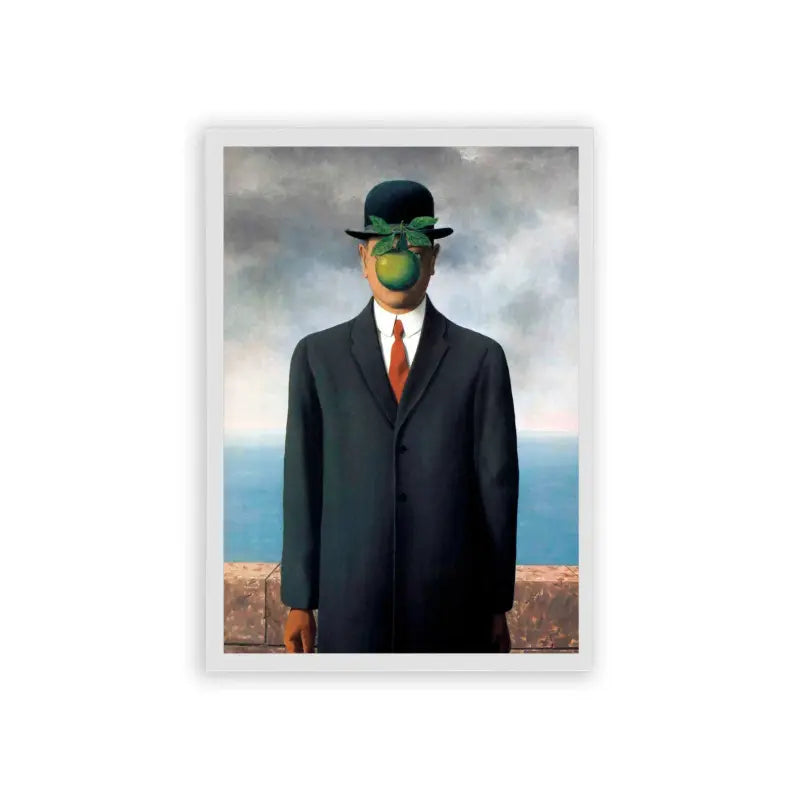 Surreal 'Apple Of My Eye' Framed Poster White Hard Fiber A surrealist artwork featuring a man in a suit with an apple obscuring his face, set against a backdrop of a cloudy sky and ocean horizon.