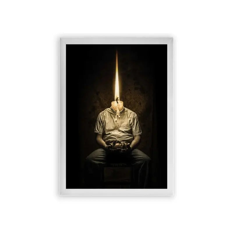 Surreal 'Enlightened Thoughts' Framed Poster White Premium Wood A conceptual art piece showing a seated person with a beam of light emanating from where their head should be, creating a striking visual metaphor for enlightenment, ideas, or possibly alienation.