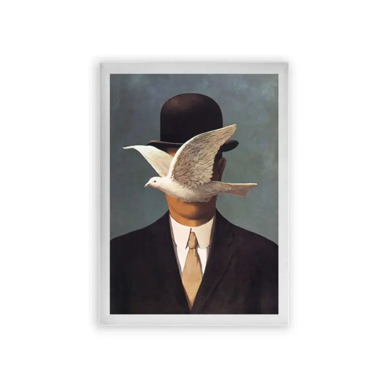 Surreal 'Flight of Thoughts' Framed Poster White Premium Wood Surreal portrait of a man with his face obscured by a dove in flight, creating an intriguing interplay between human form and avian grace.