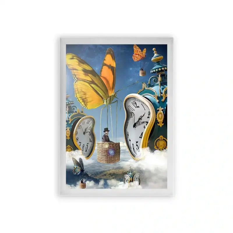 Surreal 'Fluttering Through Time' Framed Poster White Premium Wood