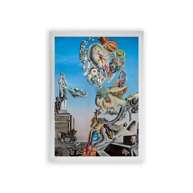 Surreal 'Otherworldly Delirium' Framed Poster White Premium Wood Surrealistic painting blending classical and fantastical elements in a dream-like composition.