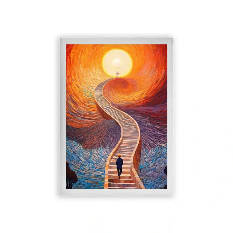 Surreal 'Stairway to Heaven' Framed Poster White Premium Wood A solitary figure ascends a swirling staircase towards a glowing orb, evoking a journey of enlightenment and the pursuit of higher knowledge.